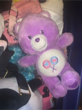 Care bears Purple Plush Bear Toy with Heart Lollipop Belly Badge - Kids Toys